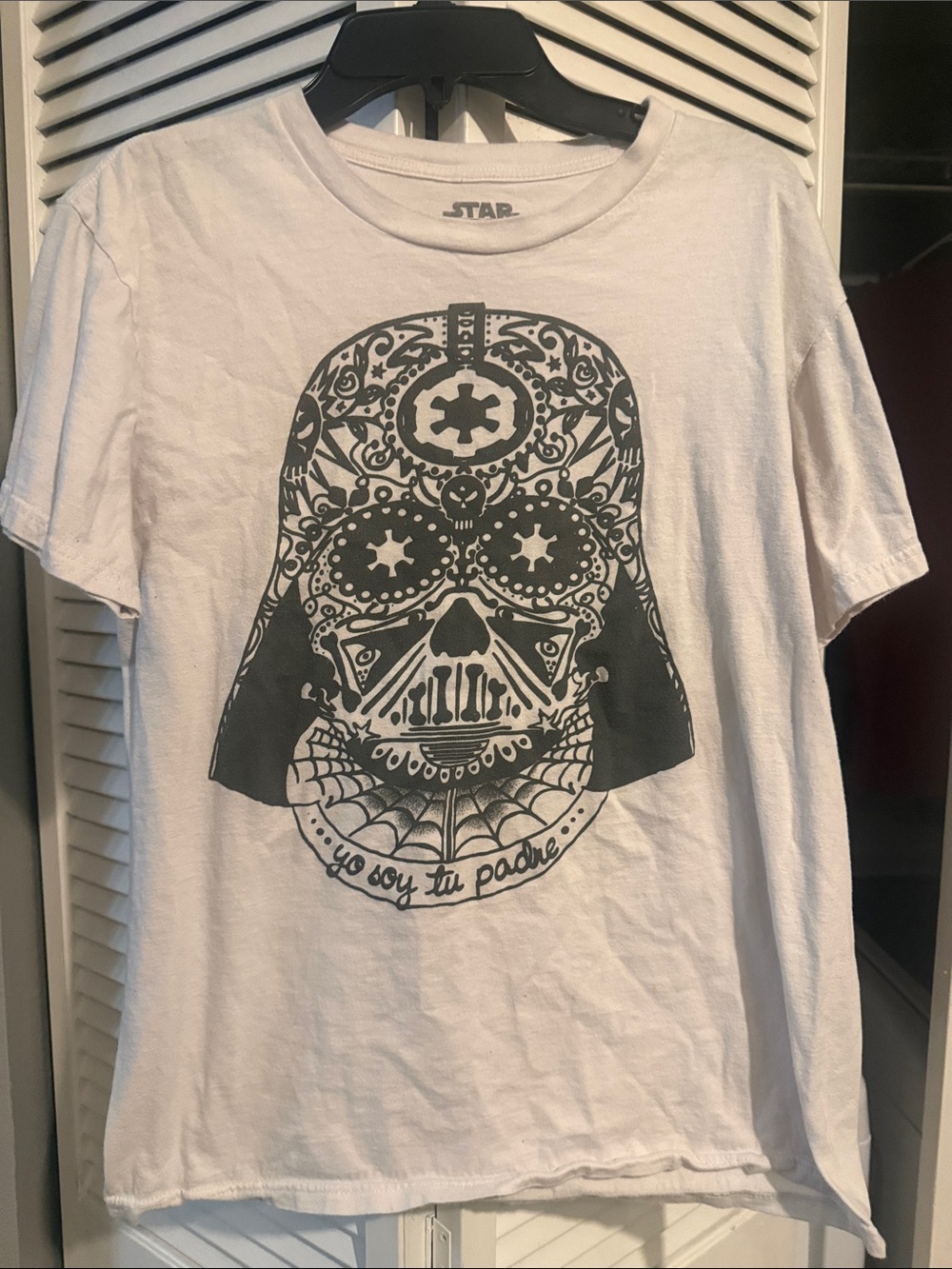 Star Wars White Tee with Black Sugar-Skull Darth Vader Graphic
